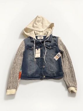WallFlower Women's Denim Jacket Blue Gray Hooded Knit Sleeves Size Small